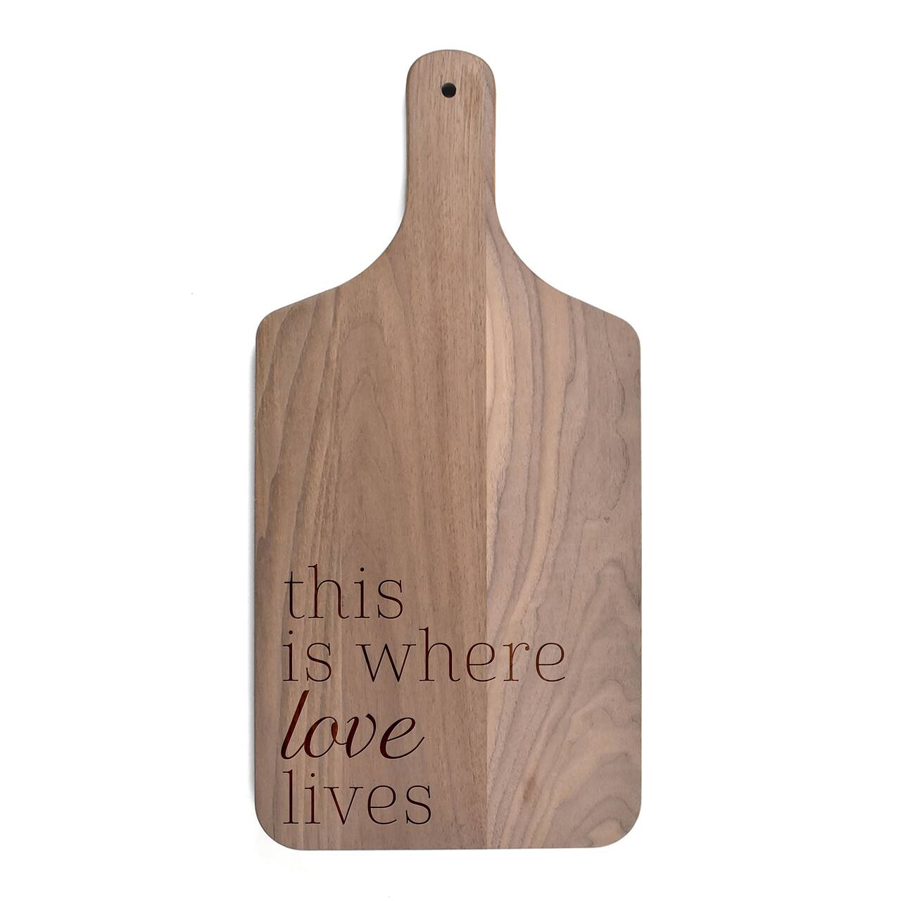 17" Where Love Lives Walnut Paddle Cutting Board